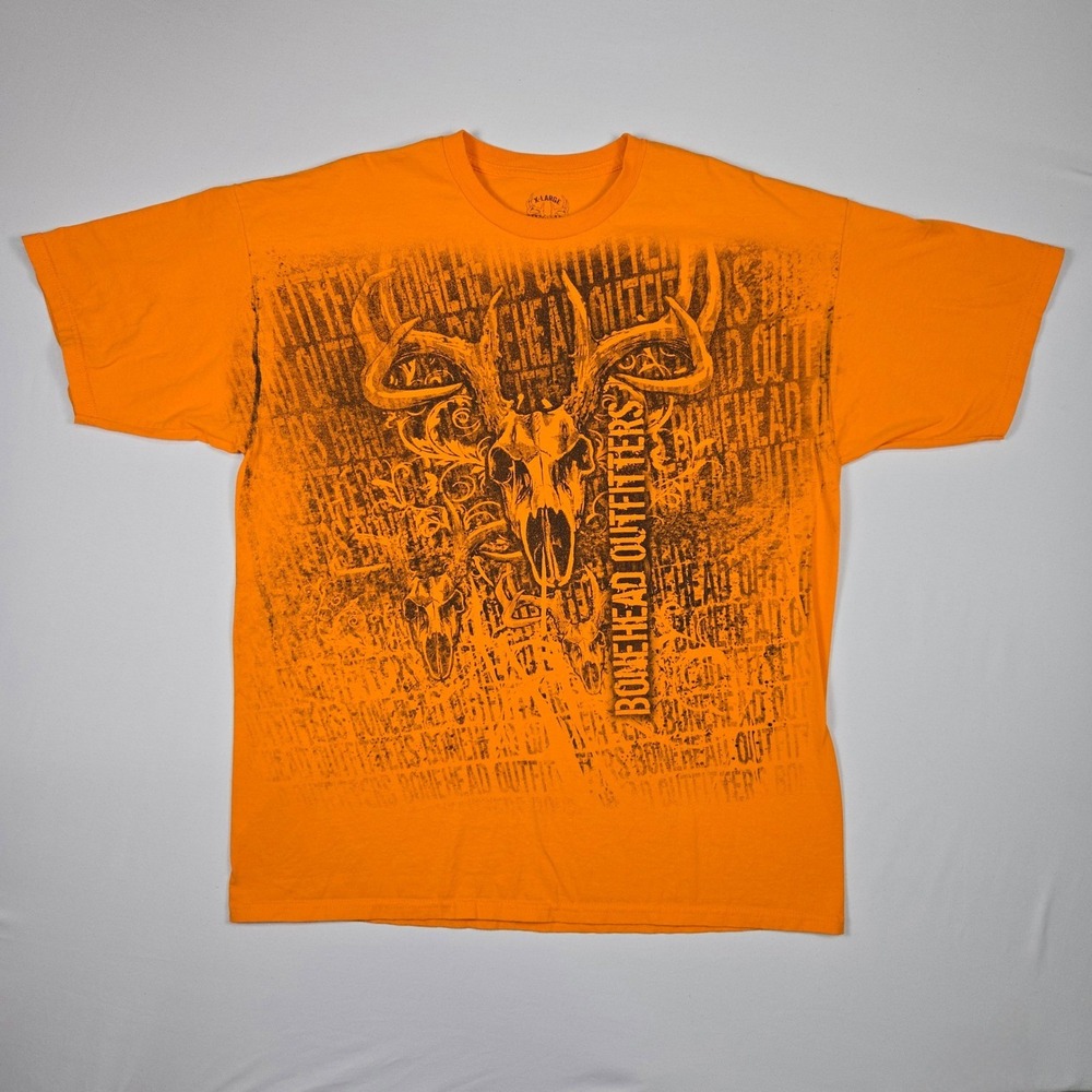 Bonehead Outfitters Mens XL T-Shirt Deer Skull Safety Orange Hunting Outdoorsman